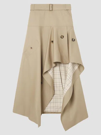 Burberry Heather Belted Asymmetric Cotton-gabardine Midi Skirt In Neutral