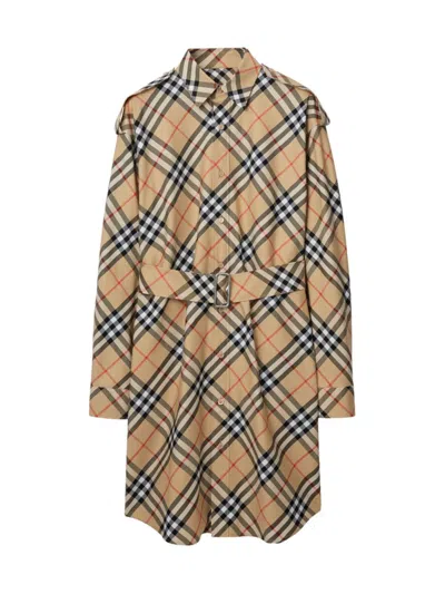 Burberry Chemisier Cotton Short Dress With Check Print In Nude