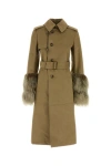 Burberry Cotton Blend Trench Coat With Fur Cuffs In Brown