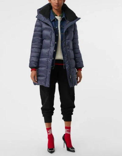 Pre-owned Burberry Women Kington Shearling Down Hooded Coat Sz Medium Navy Blue $1090
