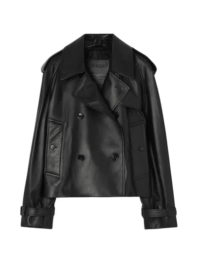 Burberry Women's Lambskin Leather Coat With Cupro Lining & Buffalo Horn Buttons In Black