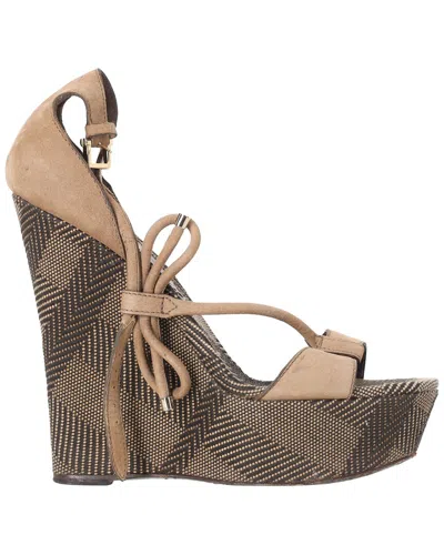 Pre-owned Burberry Women's Leather Bow T-strap Wedge Sandal (authentic Pre-loved)