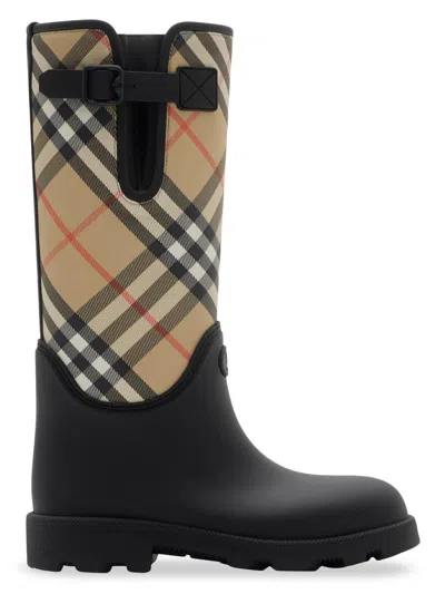Burberry Woven Check Rain Boots With Adjustable Buckle And Equestrian Design In Black