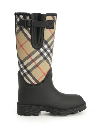 Burberry Woven Check Rain Boots With Adjustable Buckle And Equestrian Design In Black