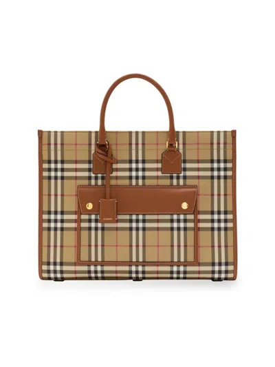 Burberry Women's Medium Freya Signature Check Tote Bag In Brown