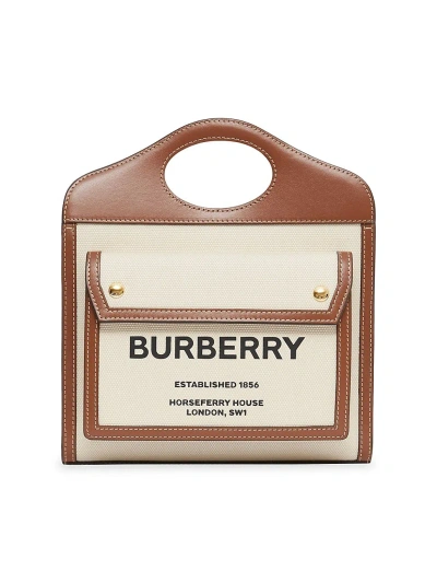 Burberry Women's Mini Leather-trimmed Canvas Pocket Tote In Natural Malt Brown