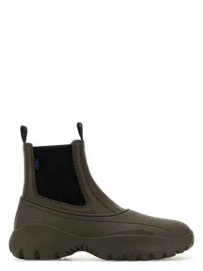 BURBERRY WOMEN'S OLIVE LEATHER AND RUBBER CHELSEA SCOOT ANKLE BOOTS