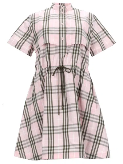 Burberry Short Sleeve Dress Checked Pattern Drawstring Waist In Pink