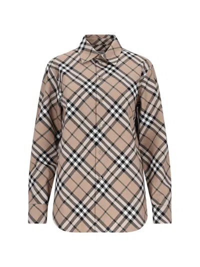 Burberry Check Pattern Wool Blend Shirt In Brown