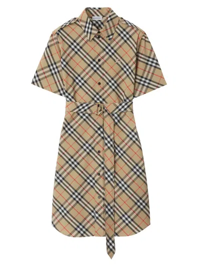 Burberry Women's Poplin Check Belted Shirtdress In Brown