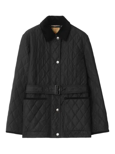 Burberry Women's Quilted Jacket With Contrasting Collar, Patch Pockets & Buckle Belt In Black