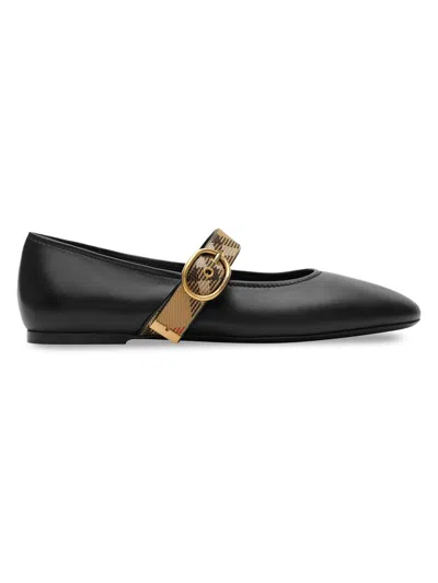 Burberry Robin Check-strap Leather Ballerina Flats In Black