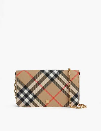 Burberry Womens Sand Check Fold-over Coated-canvas Wallet-on-chain