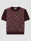 Burberry Check Panel Wool Silk T-shirt In Burgundy