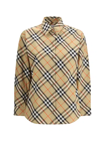 Burberry Women Beige Shirt With Classic Collar And All-over Check Motif In Cotton Woman In Brown