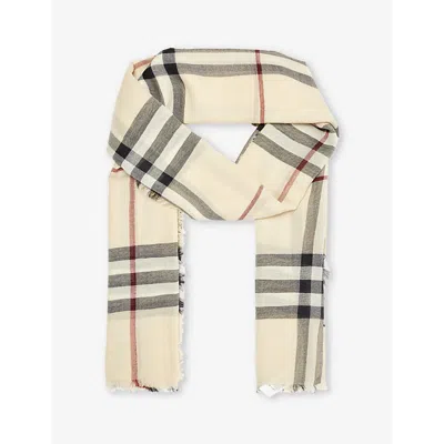Burberry Womens Stone Checked Frayed-trim Wool Scarf