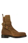 Burberry Suede Ankle Boots Block Heel Pull Tab In Brown