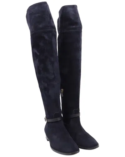 Pre-owned Burberry Women's Suede Buckled Accent Knee-high Boot (authentic Pre-loved) In Black