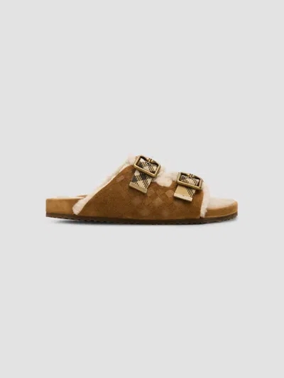 Burberry Urchin Shearling-lined Suede Dual Buckle Slide Sandals In Orange