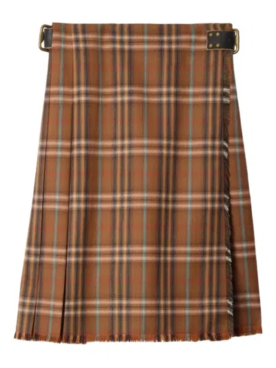 Burberry Pleated Skirt With Frayed Hem And Buckles In Brown