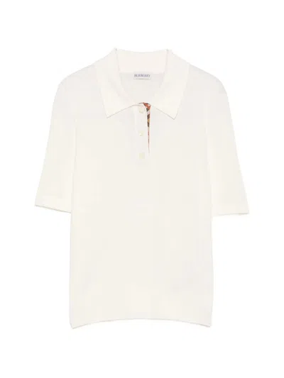 Burberry Women's Wool Knit Button Placket Polo With  Check Detail In Bianco