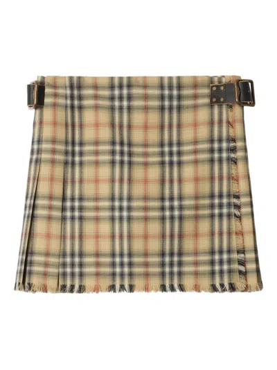 Burberry Women Beige Skirt With Adjustable Belt And All-over Check Motif In Wool Woman In Multi
