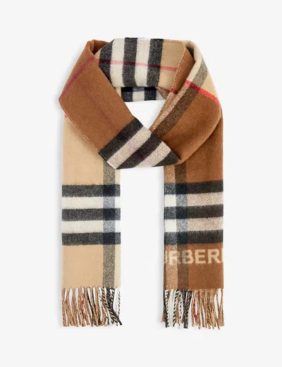 Burberry Womens Tan Contrast Check Logo-embellished Cashmere Scarf In Arc Beige/birch Brown