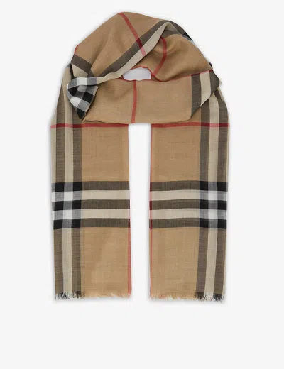 BURBERRY WOMENS ARCHIVE BEIGE GIANT CHECKED WOOL-SILK SCARF,28179410