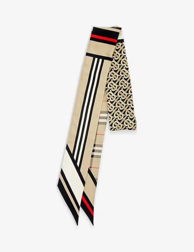 BURBERRY WOMENS ARCHIVE BEIGE SILK TWILL CHECK-PRINT SKINNY SCARF,61788993