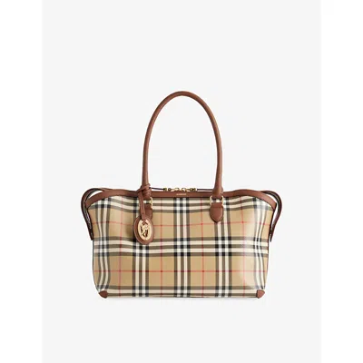 Burberry Womens Archive Beige Small Check Zip Canvas Tote Bag In Red