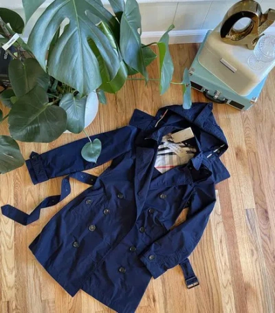 Pre-owned Burberry Womens Balmoral Trench Coat Jacket Us 6, 10 Navy In Blue