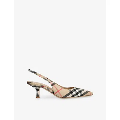BURBERRY WOMENS BEIGE COMB CHECK DAME SLINGBACK LINEN-BLEND PUMPS​ EUR 37 / 4 UK