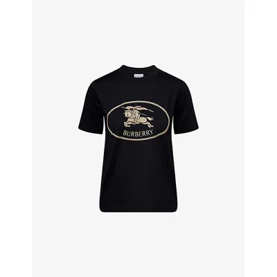 BURBERRY WOMENS BLACK BRAND-EMBROIDERY SHORT-SLEEVES COTTON-JERSEY T-SHIRT