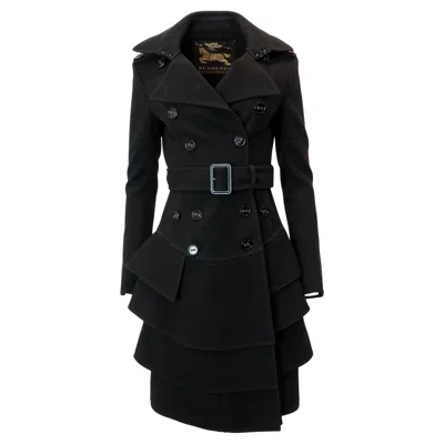 Pre-owned Burberry Womens Black Double Breasted Belted Tiered Trench Coat