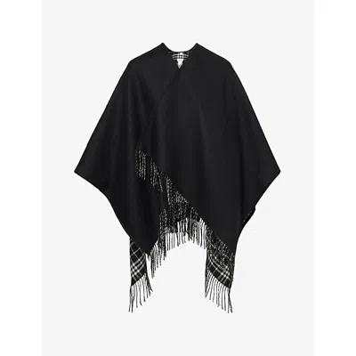 BURBERRY WOMENS BLACK/CALICO IP CHK CHECK-PRINT FRINGED WOOL CAPE