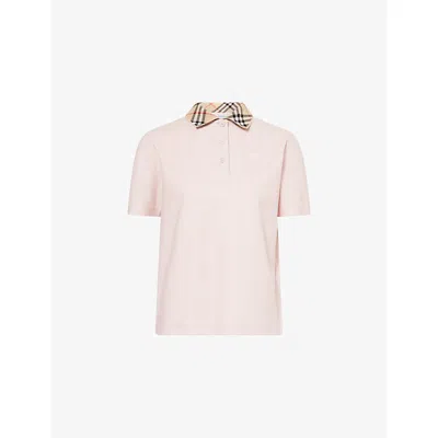 Burberry Womens Bouquet Check-collar Logo-embroidered Cotton Polo Shirt In Pink