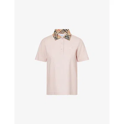 Burberry Womens Check-print-collar Short-sleeves Cotton-piqué Polo Shirt Bouquet