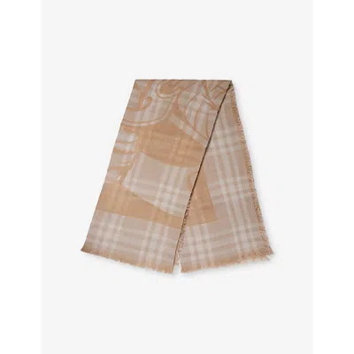 Burberry Womens Branded Checked Stretch-wool Scarf Clay