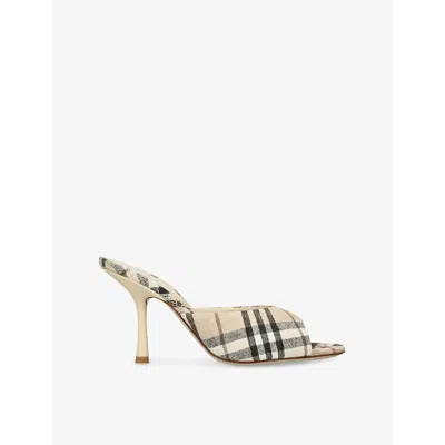 BURBERRY WOMENS BEIGE COMB CHECK MEWS LINEN-BLEND HIGH-HEEL MULES​ EUR 38.5 / 5.5 UK