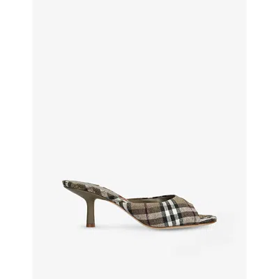 BURBERRY WOMENS BLK/BROWN CHECK MEWS LINEN-BLEND HIGH-HEEL MULES​ EUR 37 / 4 UK