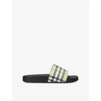 BURBERRY WOMENS BEIGE COMB CHECK-PRINT CANVAS SLIDERS EUR 38/5 UK