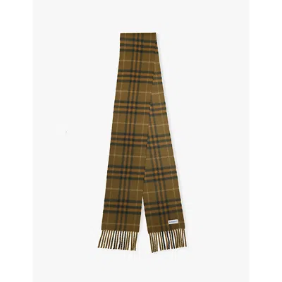 Burberry Womens  Check-print Fringed Cashmere Scarf In Furrow