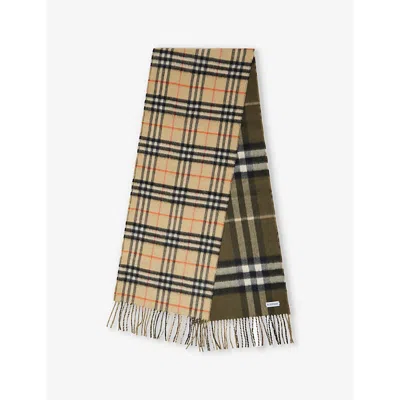 Burberry Womens  Check-print Fringed Cashmere Scarf In Sand/loch