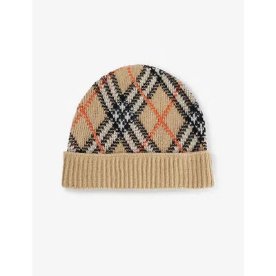 BURBERRY WOMENS SAND CHECK-PRINT RIBBED CASHMERE-BLEND BEANIE
