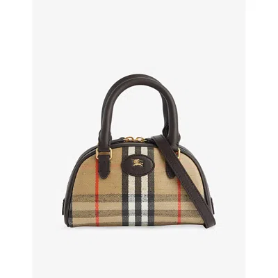 BURBERRY WOMENS SAND HIGHLANDS MINI BOWLING CANVAS TOP-HANDLE BAG