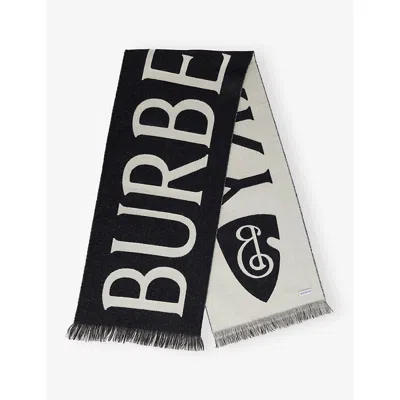 BURBERRY WOMENS BLACK/CALICO NEW FOOTBALL LOGO-INTARSIA WOOL SCARF