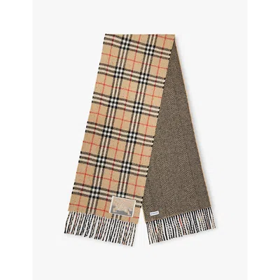 Burberry Womens  Rectangular-shape Check-pattern Wool-cashmere Blend Scarf In Sand
