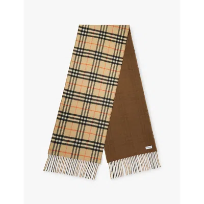 Burberry Womens  Rectangular-shape Fringed-edge Cashmere Scarf In Sand/bison