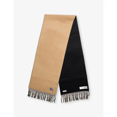 Burberry Womens Brand-embroidery Fringed Cashmere Scarf Camel /black
