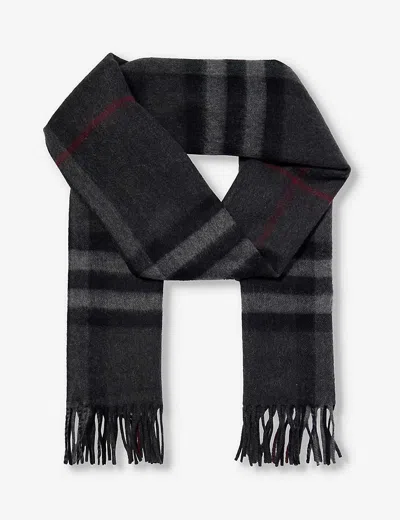 Burberry Womens Charcoal Giant Check Tassel-trim Cashmere Scarf